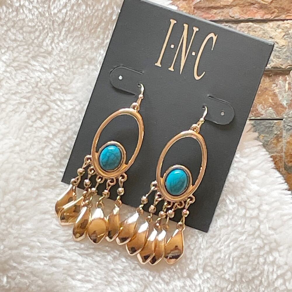 INC Dangle Drop Dreamcatcher Earrings Gold Tone Turquoise Blue Tiger Eye New